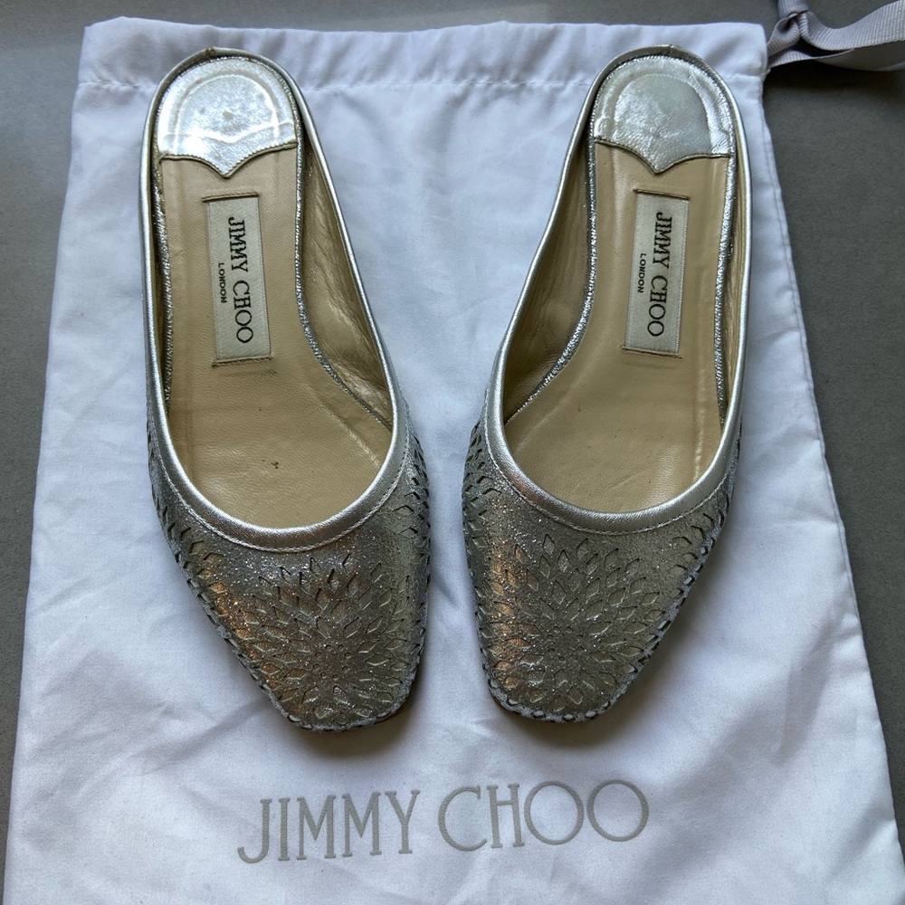 Jimmy Choo Metallic Lace-effect Flats Size 35